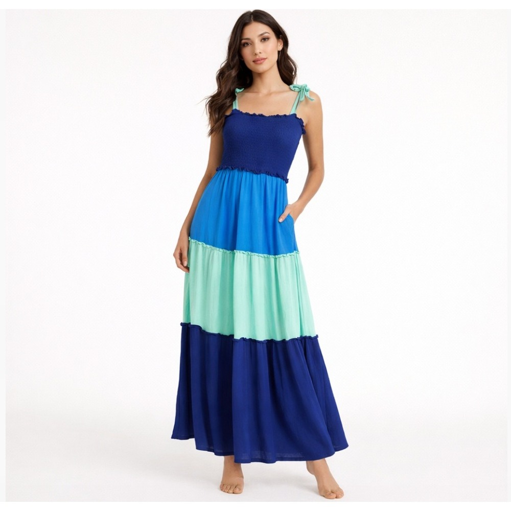 Bebop Y2K Boho Colorblock Tiered Maxi Dress Smocked Bodice Tie Strap Blue Aqua M